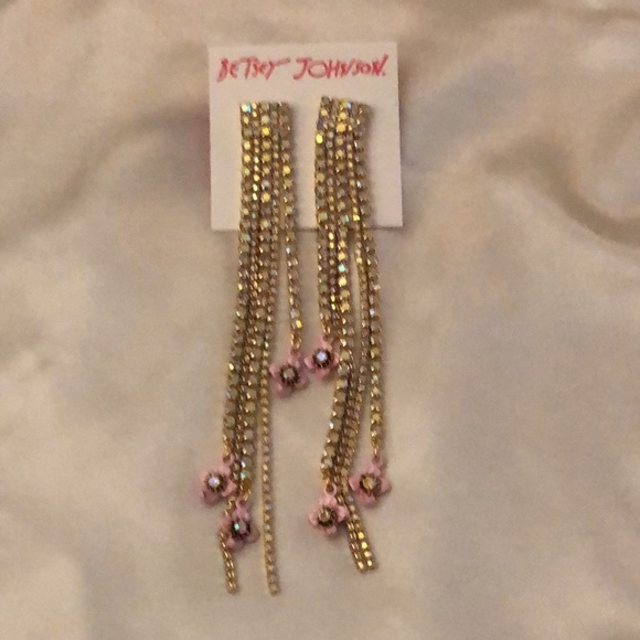 Betsey Johnson Gold Tone Crystal Cup Chain Fringe Drop Earrings Flower Accent - Picture 7 of 11